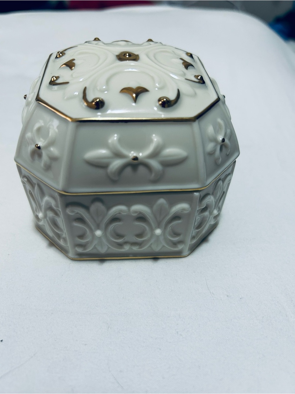 Octagonal Ceramic Jewelry/ Musical Trinket Box with Gold Trim